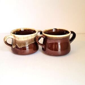 Vintage McCoy Soup/Chili Bowls Mid Century Brown Drip Double Handled Set of 2